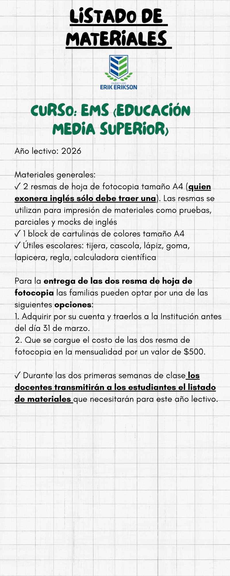Les compartimos el listado de materiales generales para este año lectivo 2026