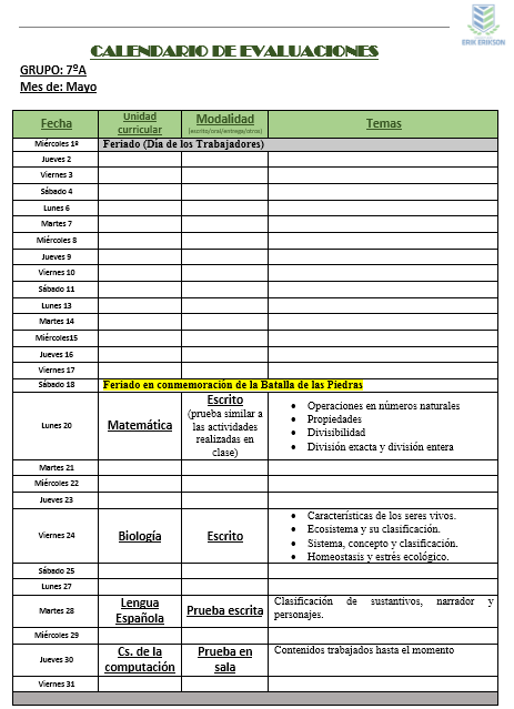 Evaluaciones de mayo para el grupo de 7ºA